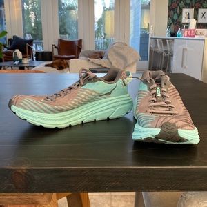 Hoka running shoes. Great cushioned shoe, responsive, and fast!